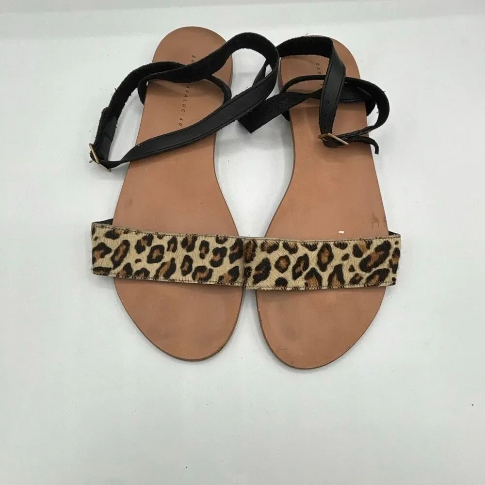 ZARA FLAT LEATHER SANDALS WITH LEOPARD PRINT STRAP SIZE 40 US 10 - Picture 2 of 8